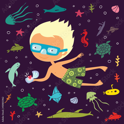 Little Blond Boy Found Pearl Underwater