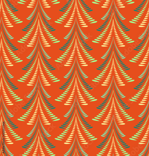 Seamless Christmas pattern. Firs, trees on red background. Twist stylized ornament of laurel leaves. Winter, New Year, nature texture. Vector