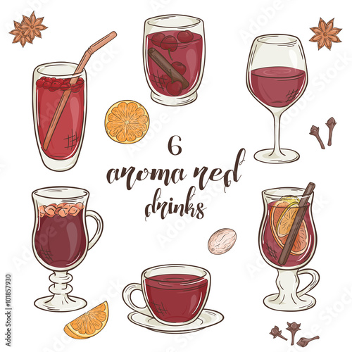 vector set of 6 isolated cartoon hand drawn aroma red drinks.