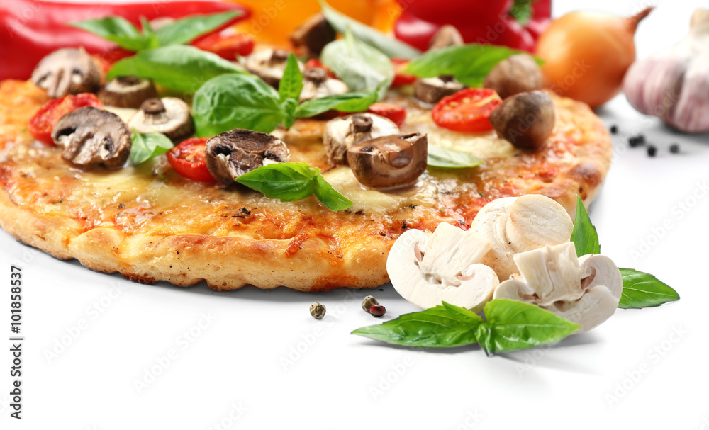 Delicious pizza and vegetables on white background, close up