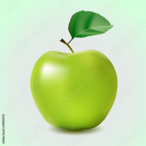 Green apple with leaf isolated on a blue background