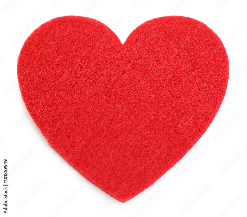 Red felt heart isolated on white background