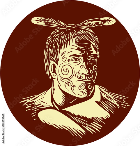 Illustration of bust of Maori chief warrior chieftain with tattoos on face and cape looking to the side viewed from the front set inside oval shape done in retro woodcut style.