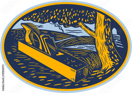 Wood Plane Forest Oval Woodcut