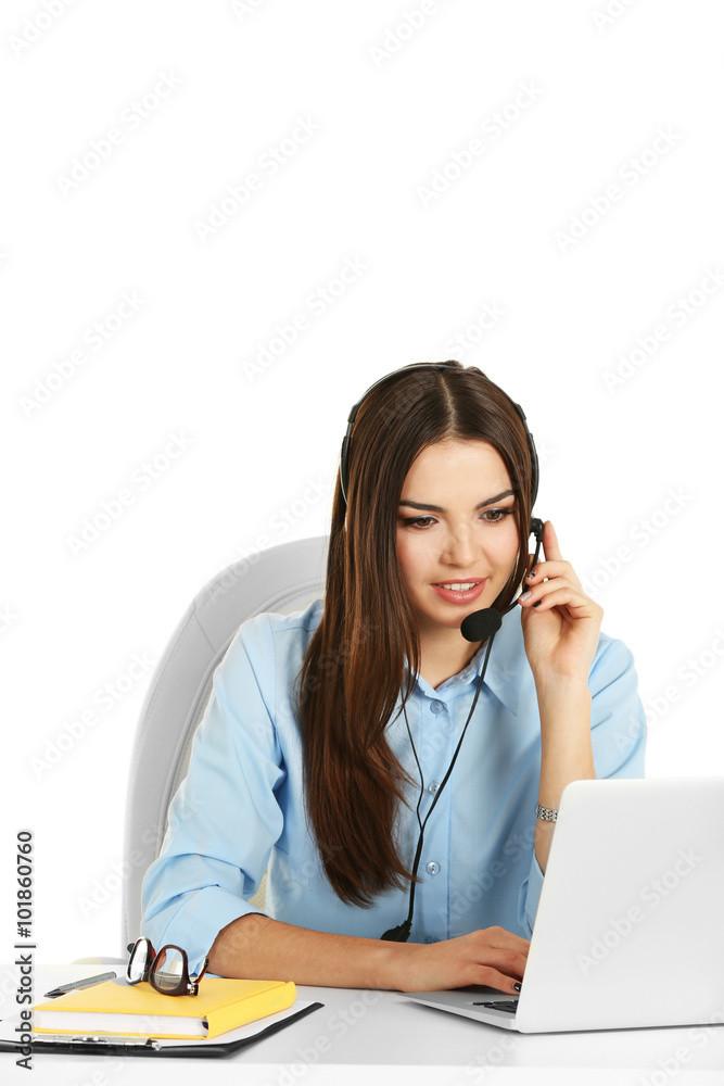 A beautiful woman with headphones and microphone working at the office, isolated on white A beautiful woman with headphones and microphone working at the office, isolated on white