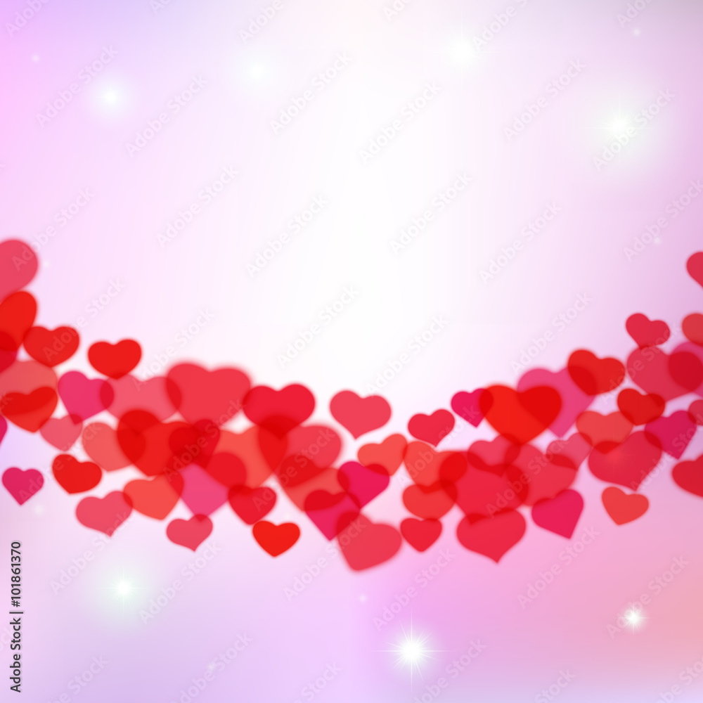 Valentines Day background with scattered blurred tender hearts