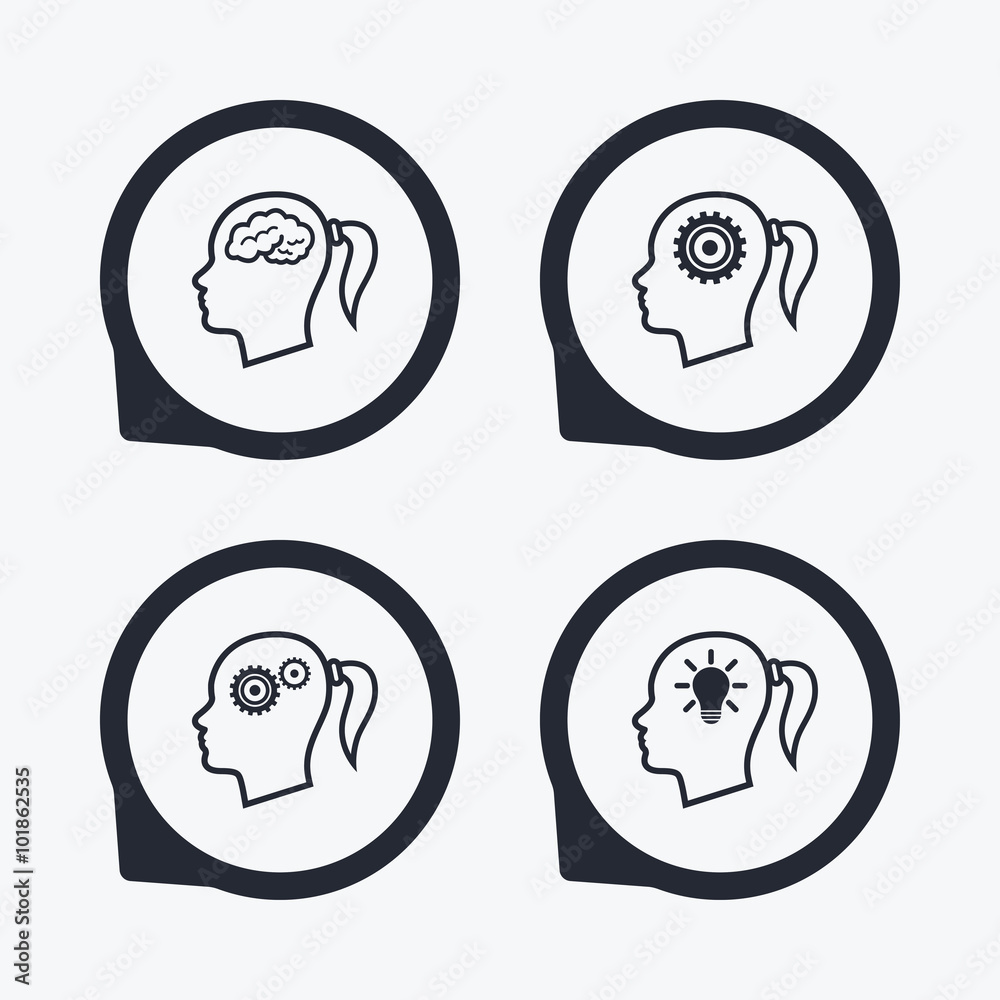 Head with brain icon.Female woman symbols. Head with brain icon.Female woman symbols.