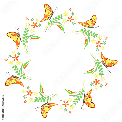 Floral frame with insects. Colorful flowers, leaves and butterflies arranged in a shape of the circle. Vector design. Series of Cards, Blanks and Forms.