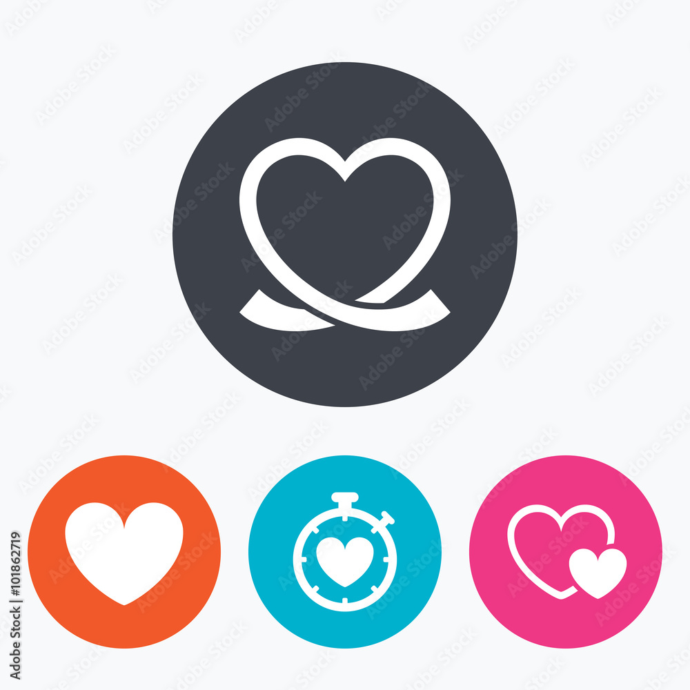 Heart ribbon icon. Timer stopwatch symbol. Heart ribbon icon. Timer stopwatch symbol.