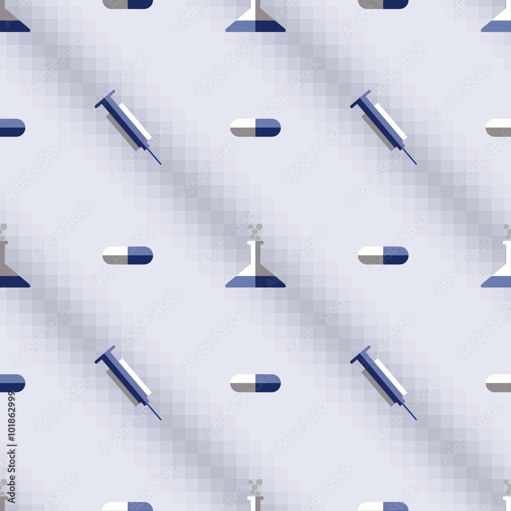 Seamless vector pattern,  blue symmetrical background with medical tools and pills.