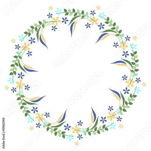 Floral frame. Colorful flowers and leaves arranged in a shape of the circle. Vector design. Series of Cards, Blanks and Forms.