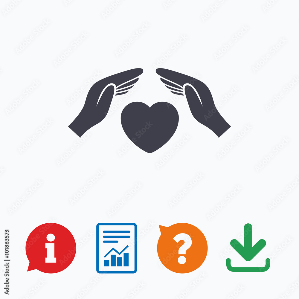 Life insurance sign icon. Hands protect cover.