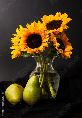 Sunflower, Vase & Pear
