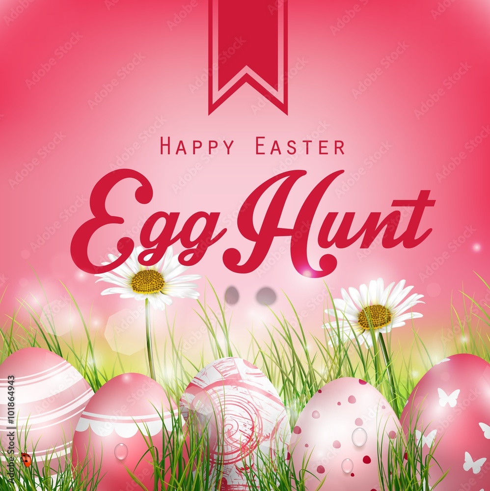 Beautiful Easter Red Background with flowers and colored eggs in the grass 