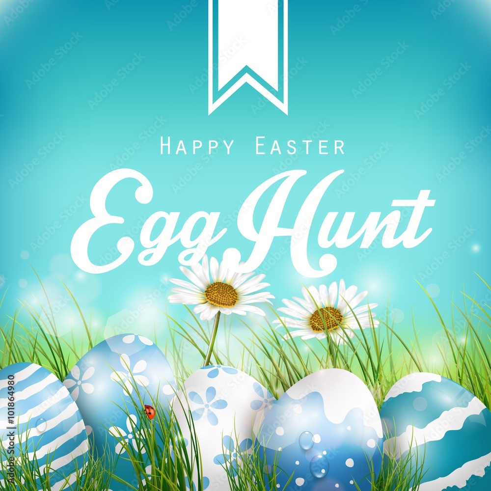 Beautiful Easter Blue Background with flowers and colored eggs in the grass 
