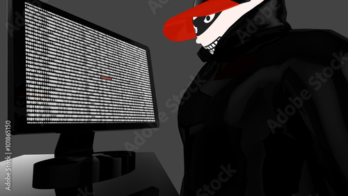 Fierce hacker with black coat and baseball cap spying photo