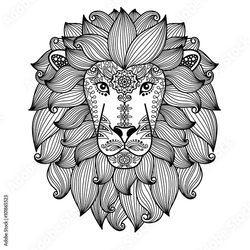 Hand drawn cute vector lion head with ethnic floral pattern. Black line illustration on white background.