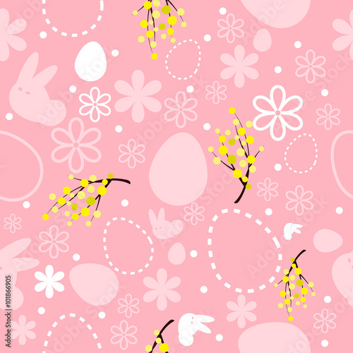 seamless pink easter background with mimosa  flowers  bunny and flowers