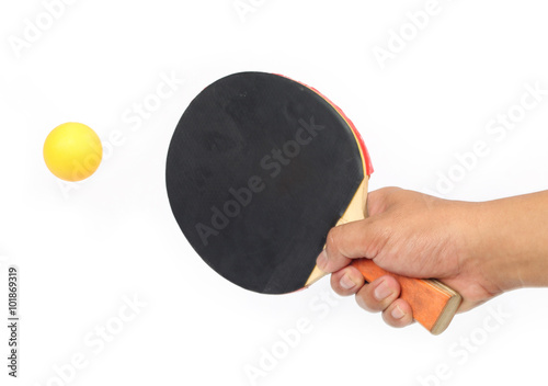 Table tennis racket and ball on a white background