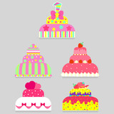 Cute set with cakes and pastries for different celebrations: birthday, wedding or valentine's day.