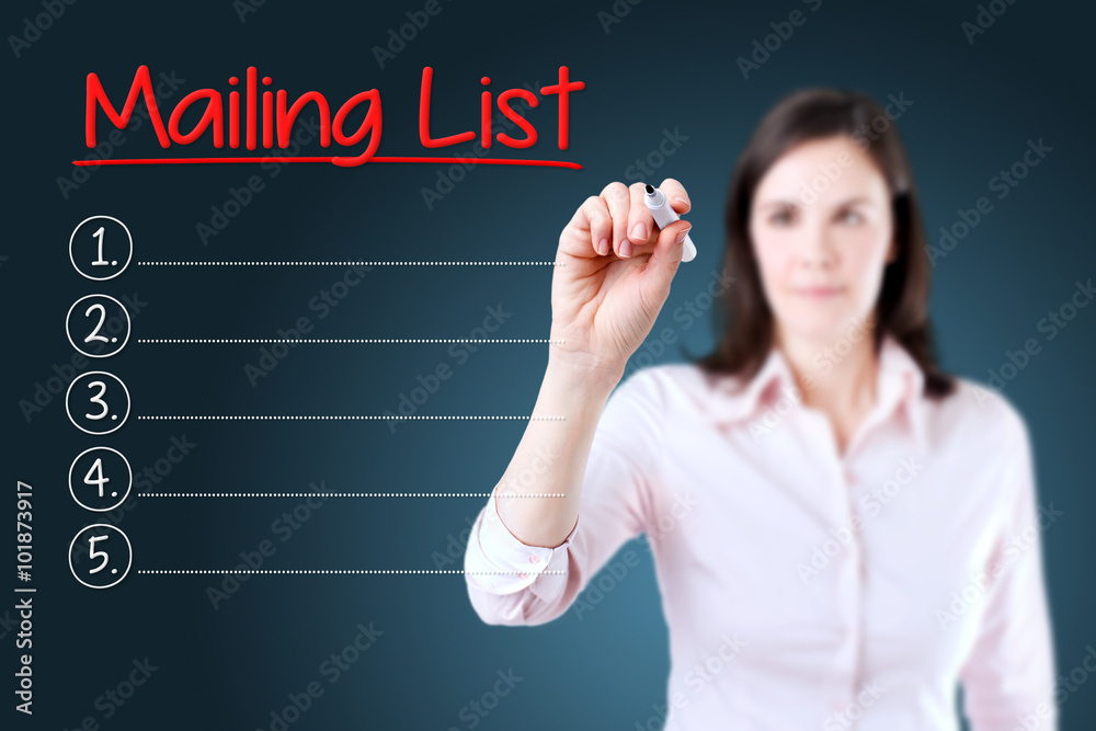 Business woman writing blank Mailing List list. Blue background. Business woman writing blank Mailing List list. Blue background.