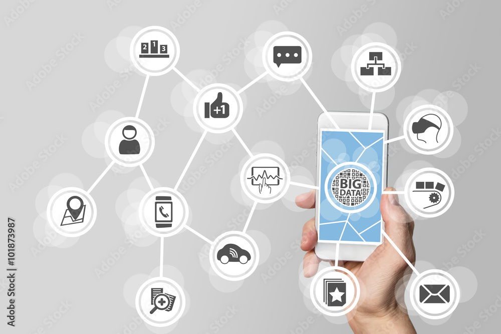 Big data concept in order to analyze large volume of data from connected mobile devices. Hand holding smart phone on white background Big data concept in order to analyze large volume of data from connected mobile devices. Hand holding smart phone on white background