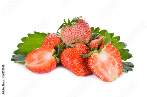 pile of strawberry on leaf with white background