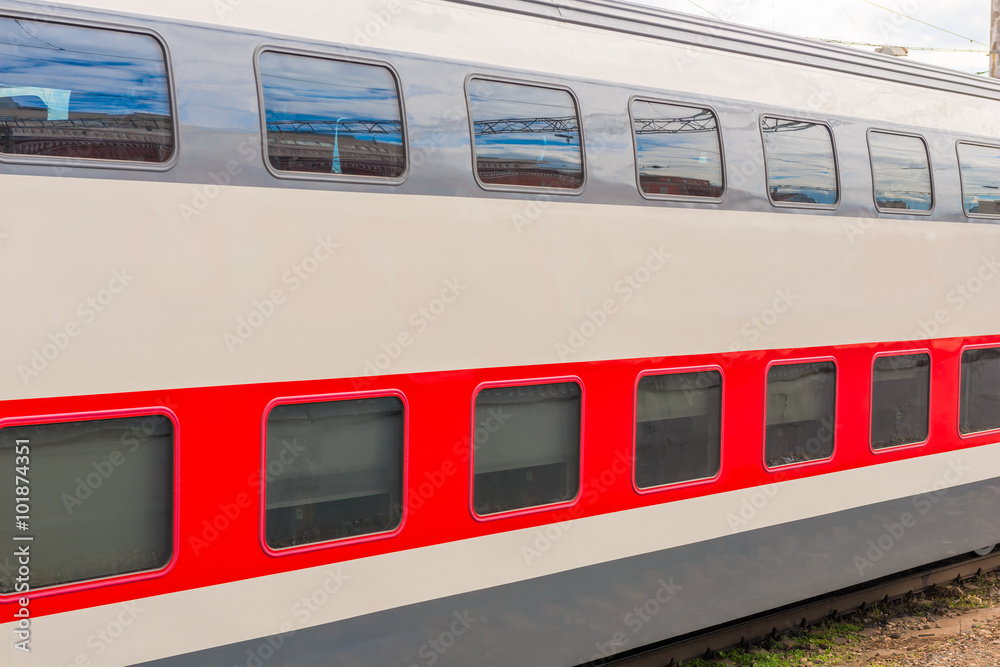 a two-story long-distance passenger train closeup a two-story long-distance passenger train closeup