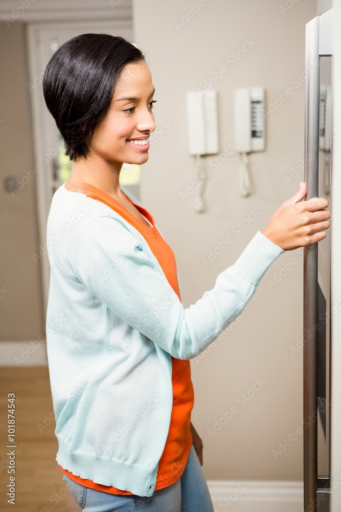 Smiling brunette with hand on refrigerator Smiling brunette with hand on refrigerator