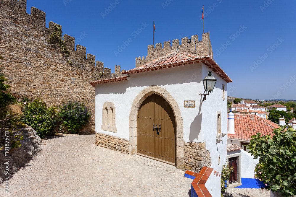 Obidos, Portugal. The medieval Mourisca House. Obidos is a medieval town still inside castle walls, and very popular among tourists.
