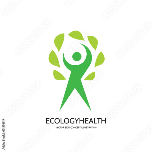 Ecology vector logo concept illustration. Health logo. Healthcare logo. Wellness logo sign. Nature logo. Human character with green leafs logo. Vector logo template. Design element.