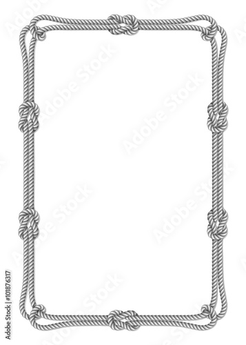 White rope woven vector border with rope knots, vertical vector frame, isolated on white