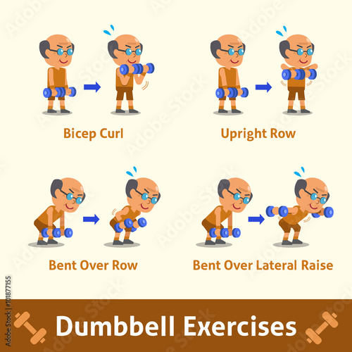 Cartoon set of old man doing dumbbell exercise step for health and fitness