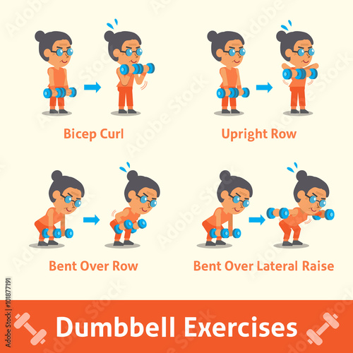 Cartoon set of old woman doing dumbbell exercise step for health and fitness