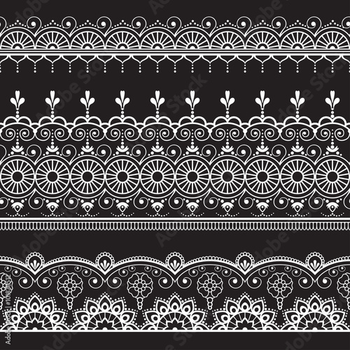 Indian, Mehndi Henna three line lace elements pattern for tattoo on black background