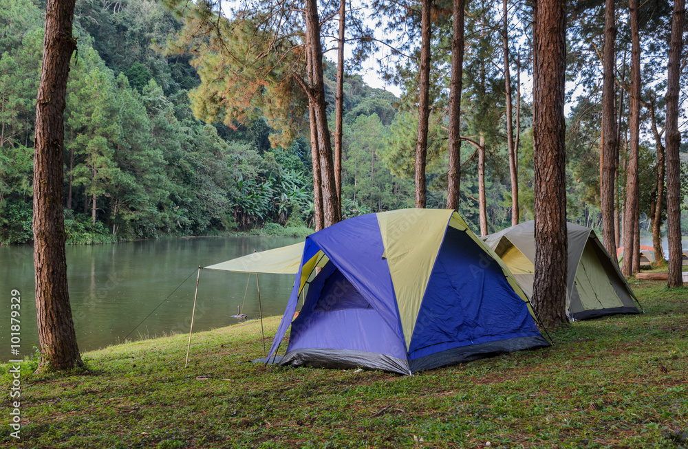 Camping tents near lake at Pang Oung in Mae Hong Son, Thailand