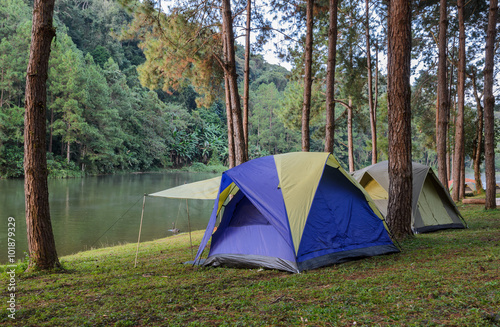 Camping tents near lake at Pang Oung in Mae Hong Son, Thailand