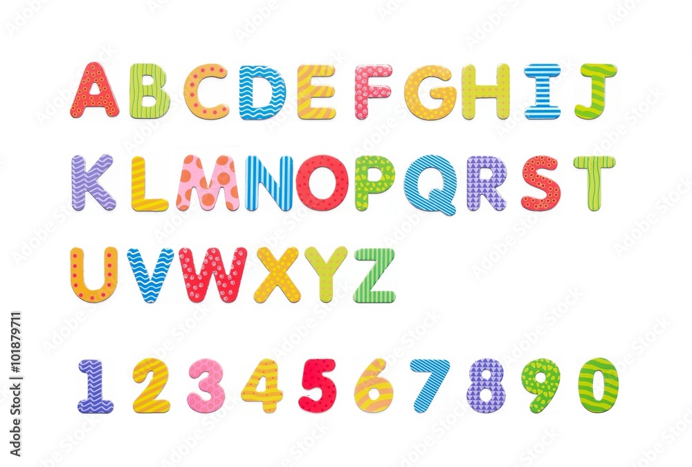 Colorful paper alphabet magnets on a whiteboard. Letters set iso