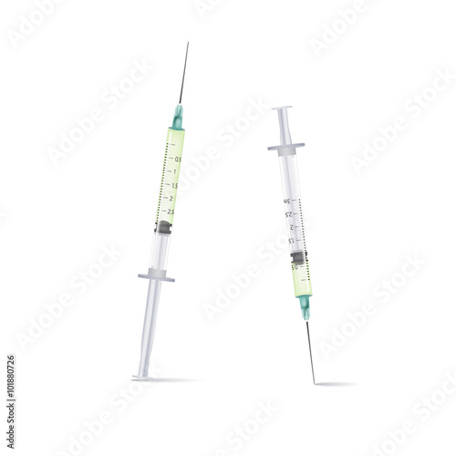 Two medical syringe with a liquid on a white background. a syrin