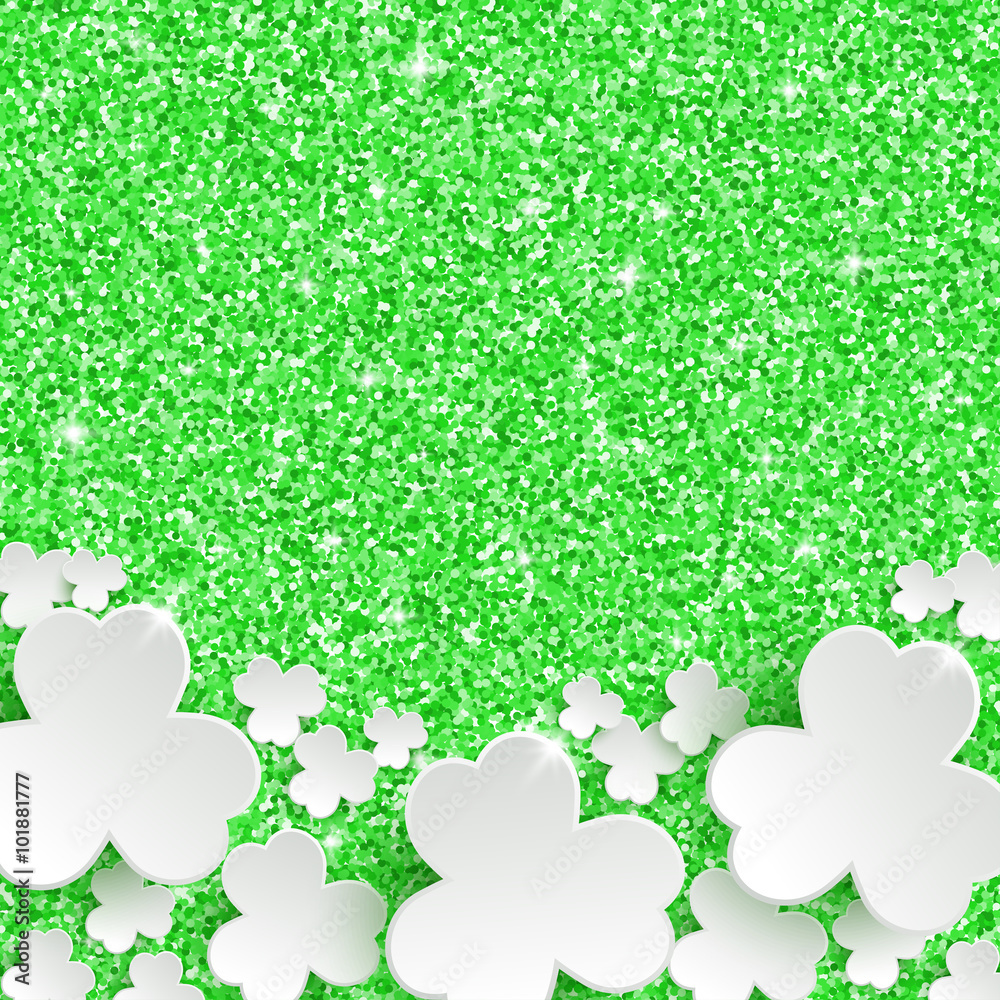 St. Patricks day Greeting Card, holiday glitter dust sparkle green background with white paper clover flowers, vector illustration with place for text St. Patricks day Greeting Card, holiday glitter dust sparkle green background with white paper clover flowers, vector illustration with place for text