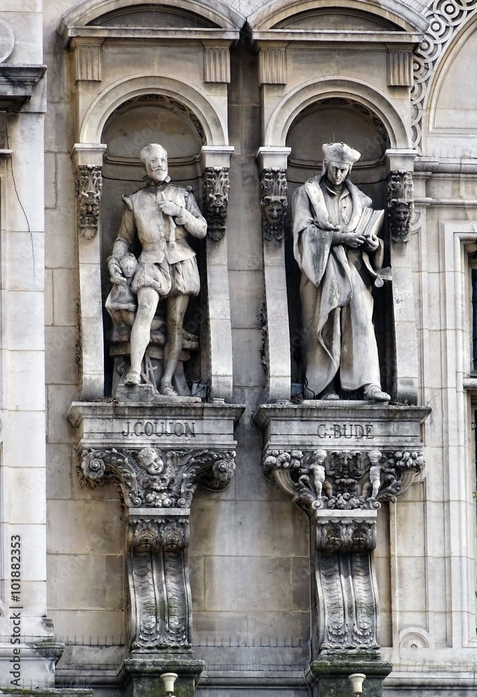 Sculptures of Jean Goujon and Guillaume Bude in Paris, France.