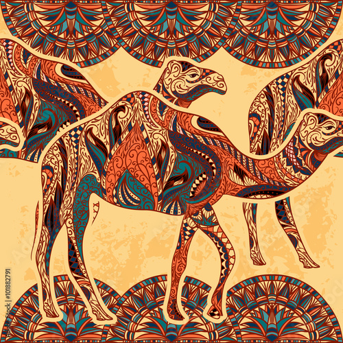 Seamless pattern with camel decorated with oriental ornaments and Egypt colorful floral ornament on grunge background. Vintage colorful hand drawn vector illustration