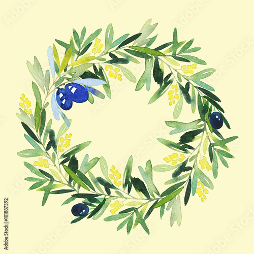 Olive wreath watercolor. Handmade.