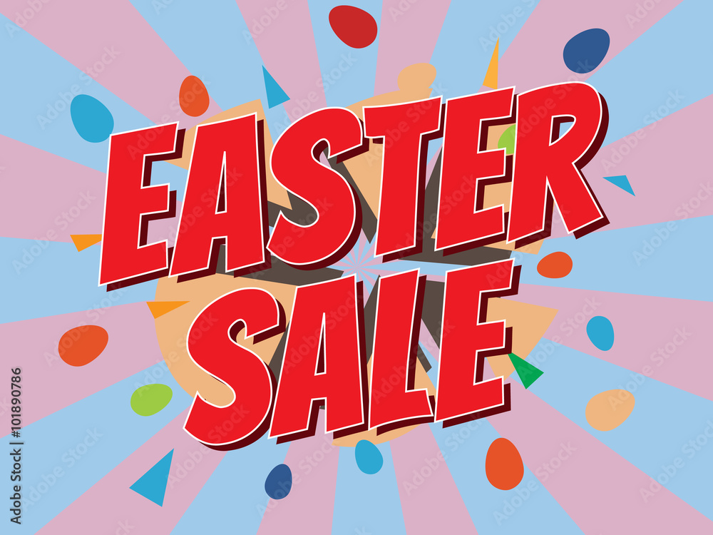 Easter sale, wording in comic speech bubble on burst background