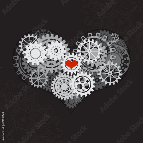 Heart as a mechanism made of cogs and gears. Vector Illustration of steampunk heart. Valentines day card with sign on ornate background