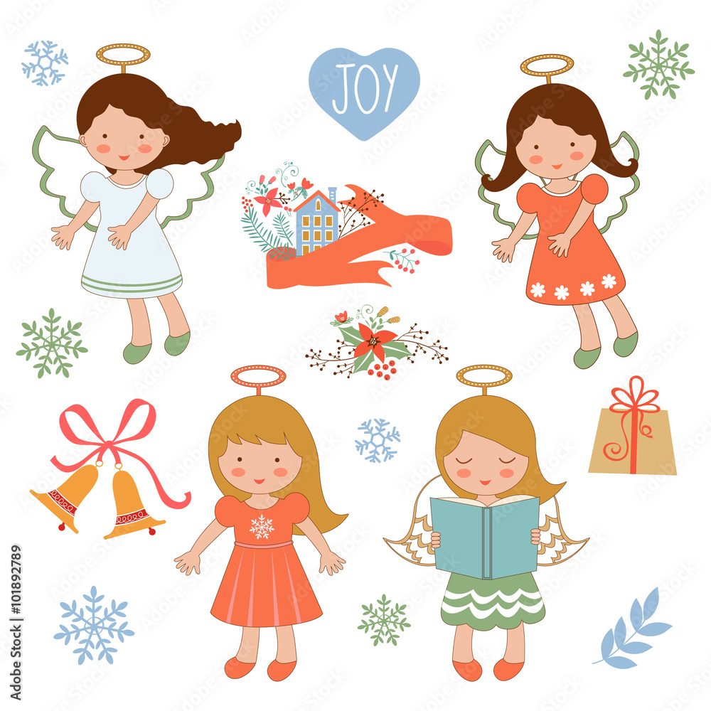 Cute Christmas collection with happy angels and Christmas elements Cute Christmas collection with happy angels and Christmas elements