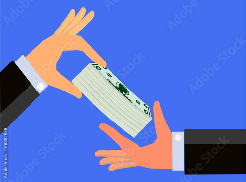 Bribe or payment - Hand handing a bundle of cash to the hand of another person