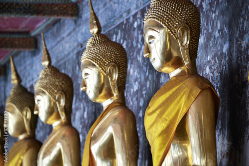 The row of golden buddha image in sitting attitude
