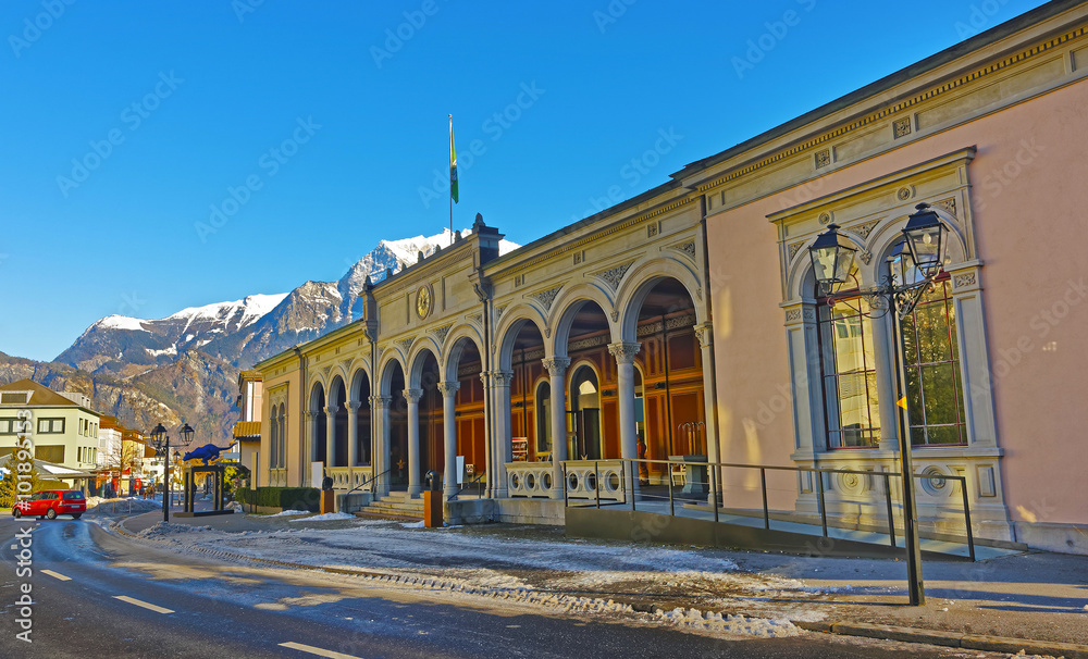 Spa house with Cat statue and Mountains in Bad Ragaz