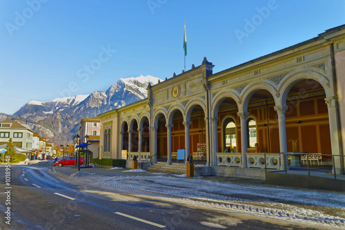 Spa house with Cat statue and Mountains of Bad Ragaz